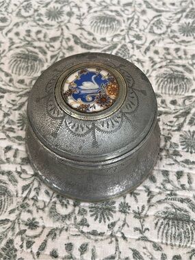 Vintage Musical Powder Puff Box La Traviata Aluminum Vanity Tin Porcelain Swan